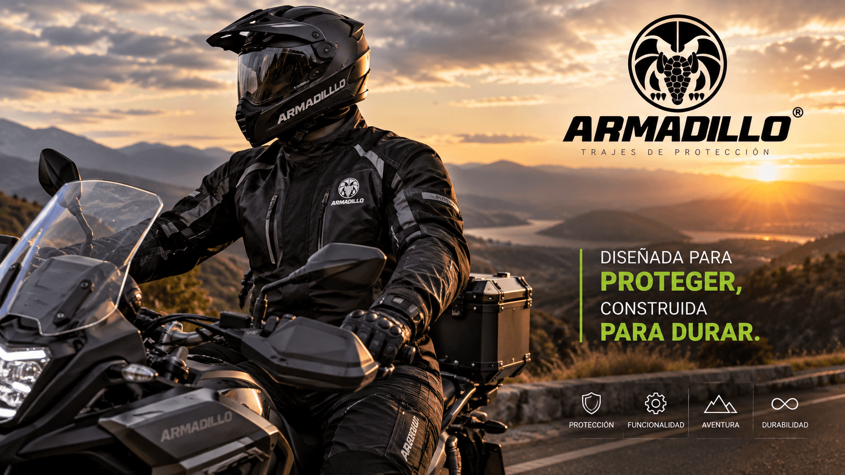 Motociclista utilizando una chaqueta de protección Armadillo durante un recorrido en carretera
